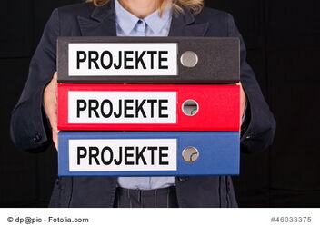 Eine Frau hät drei Aktenordner waagerecht vor sich in ihren Händen. Auf allen drei Ordnern steht das Wort "Projekte"