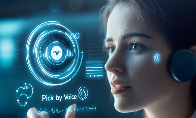 Futuristisch anmutende Frau mit Headset, und dem Schriftzug Pick by Voice