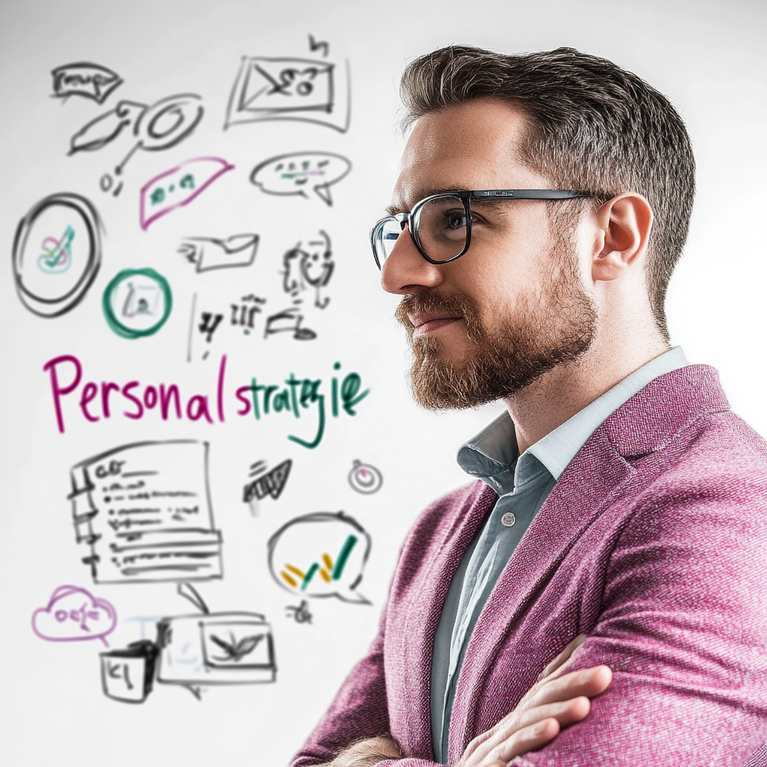 Mann, der auf ein Whiteboard schaut, das rund um das Thema Personalstrategie handelt