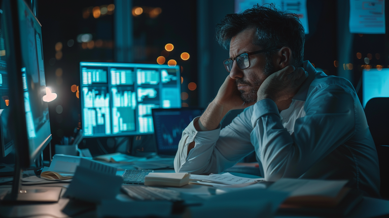 Verzweifelter Mann vor Computerbildschirmen