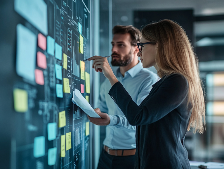 Zwei Projektmanager stehen vor einem Board, das die Projektschritte darstellt