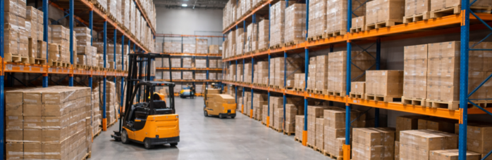 Gang in einem Hochregallager mit Gabelstapler