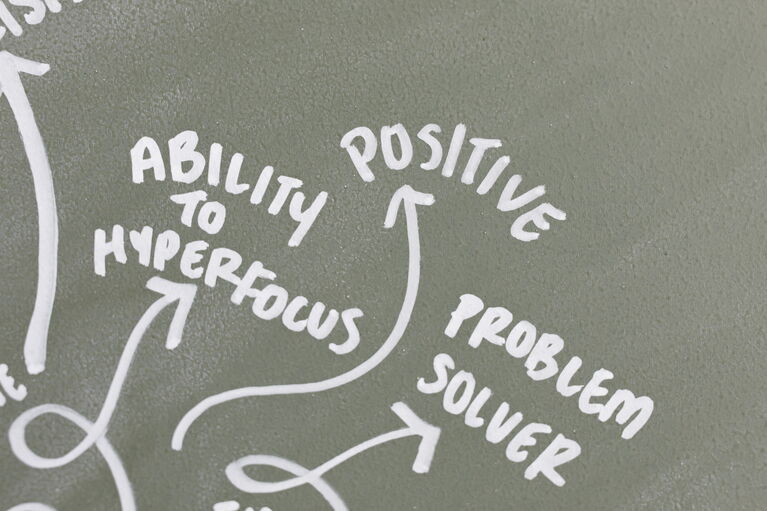 Geschwungene Pfeile zeigen auf die Begriffe "Ability to hyperfocus", "Positive" und "Problem Solver"