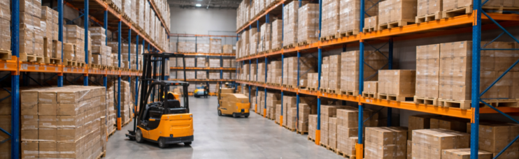 Gang in einem Hochregallager mit Gabelstapler